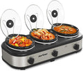 Sunvivi Triple Slow Cooker, Buffet Server and Food Warmer, Small Mini Pot with 3 Adjustable Temp & 3 Visible Glass Lids, for Parties, Holidays and Entertaining, Stainless Steel, 3 * 1.5 Quarts