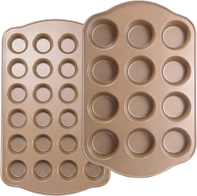 Nonstick Muffin & Cupcake Pan Set (2 Pack) - 12 Cup Regular + 24 Cup Mini Muffin Tins | Heavy Duty Gold Carbon Steel, Rust-Resistant, Easy Release