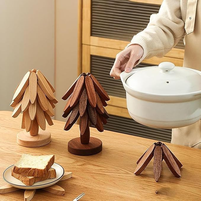 Natural Wood Tree Trivet Set, 𝐍atural Tree Trivet Set - 4 Wooden Trivets,4 Wooden 𝐓rivets & 1 Stand Like a Christmas Trees,for Hot Dish,Pot,Bowl,Teapot,Hot Pot Sets (Walnut Finish 3 Trivets,3set)