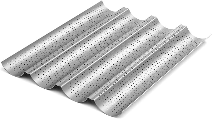 2 Pack Nonstick Perforated Baguette Pan 15" x 13" for French Bread Baking 4 Wave Loaves Loaf Bake Mold Oven Toaster Pan (Silver)