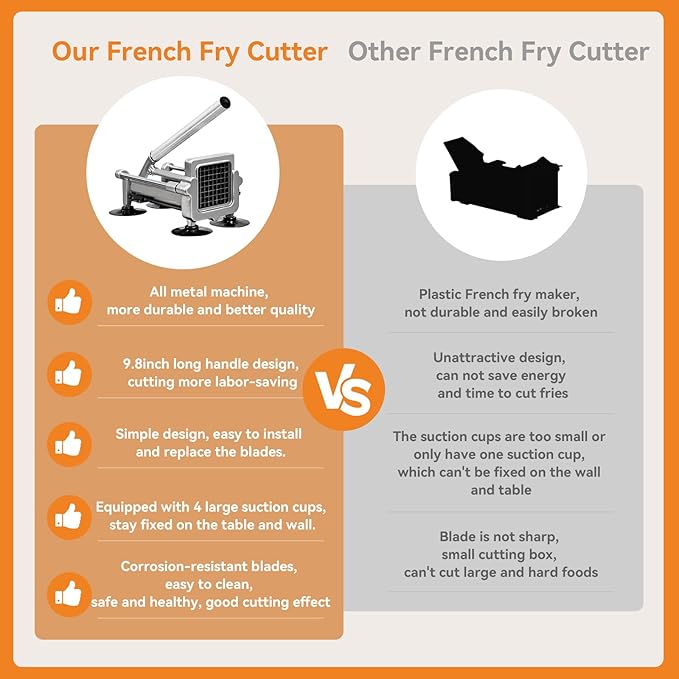 Commercial French Fry Cutter Stainless Steel.Potato Cutter for French Fries with 1/4 and 3/8Inch Blade, Commercial French Fry Cutter Manual Potatoes Cutting Machine with Suction Feet.
