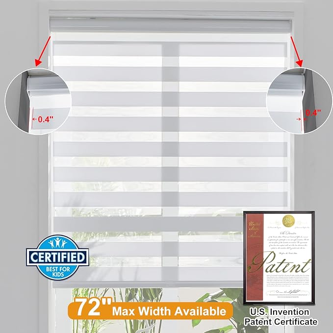 Persilux Cordless Zebra Blinds for Indoor Windows, Free-Stop Zebra Blinds Cordless, Light Filtering Sheer Shades Dual Layer for Day and Night, Zebra Roller Shades for Home (36.5" W X 64" H, White)