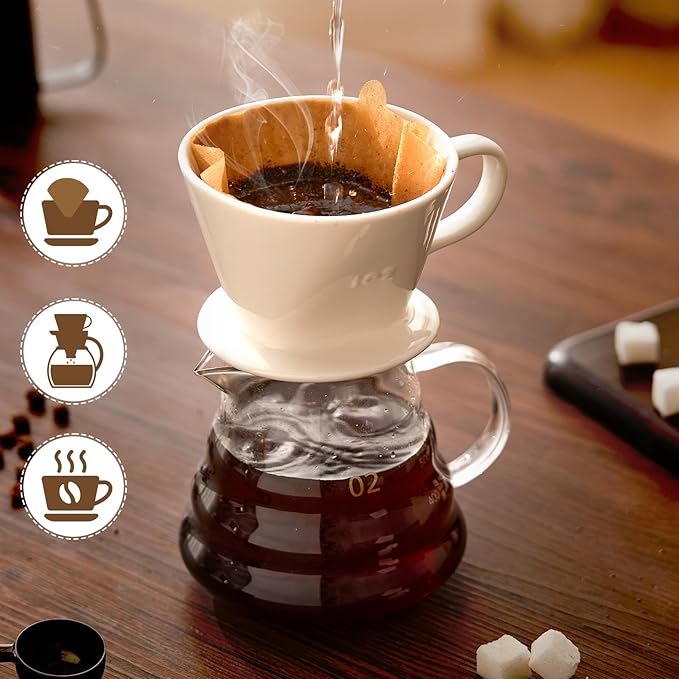 Pour Over Coffee Dripper with 60PCS Paper Filter, Ceramic Pour Over Coffee Maker with 3 Holes Flat Bottom, Porcelain Slow Filter Cone for Travel, Camping, Office, Home, Coffee Maker Brew