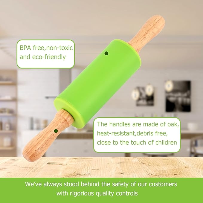 Mini Silicone Rolling Pin for Kids, Non-stick Surface Wood Handle, 9 Inch 10 Pack