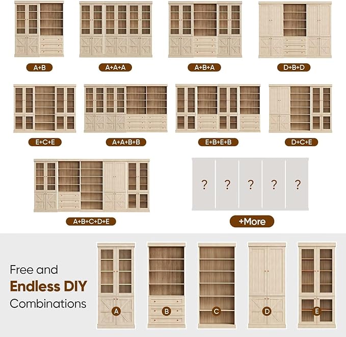 70.8" Tall Bookshelf with Doors, Farmhouse Modular Bookcase with 4-Tier Adjustable Shelves, Large Storage Cabinet for Home Office, Living Room, Brown, Set of 4