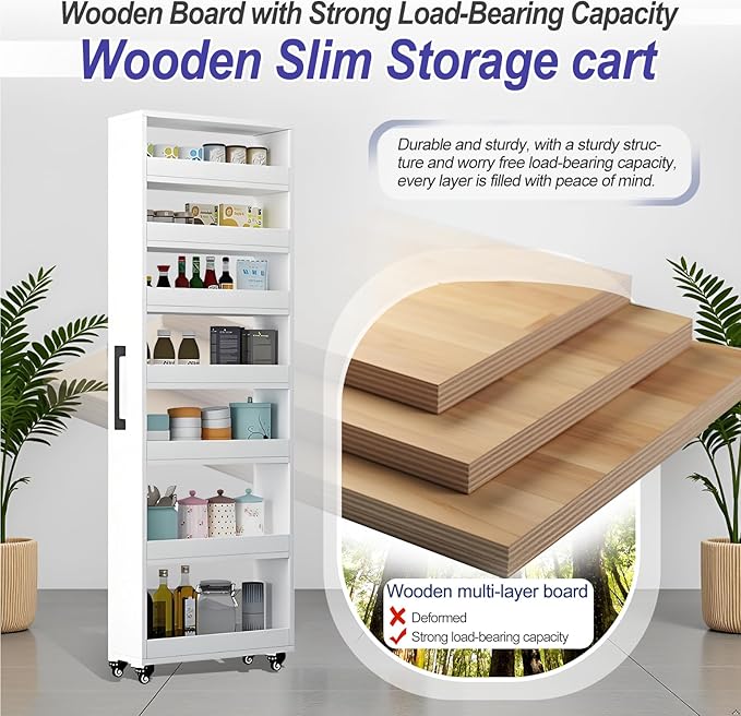 7-Tier Slim Storage Cart, Wooden Rolling Pantry Cabinet with Wheels, Narrow Shelf Organizer for Kitchen, Bakers Rack, Dining Room, Closet, Small Spaces Teak 73.2" H*9.8" W*23.6" D