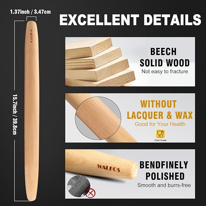 WALFOS French Rolling Pin for Baking, Tapered Design Natural Beech Wood Rolling Pins, Essential Kitchen Dough Roller for Fondant, Pizza, Pie, Cookie and Pastry