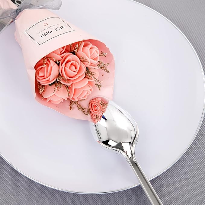 KIRE 100PCS Silver Plastic Plates - Heavy Duty White Disposable Plates with Silver Rim for Party/Wedding - Include 50Pcs 10.25inch Dinner Plates and 50Pcs 7.5inch Dessert Plates for Christmas