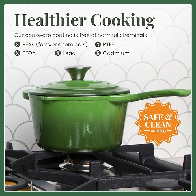 Larder & Vine Enameled Cast Iron Saucepan | 2.2 qt Sauce Pan with Lid | Saucepan with Pour Spouts | Enameled Cast Iron Pot Compatible on All Cooktops & Oven Safe to 500° F | Okra