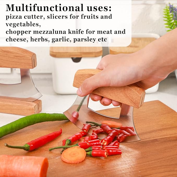 Hanaive 2 Pack 4 x 5 inch Mezzaluna Ulu Knife Salad Veggies Rocker Chopper Slicer Cutter Mezzaluna Knife with Wooden Display Stand for Kitchen Cutting Chopping Knives Chef Cleaver