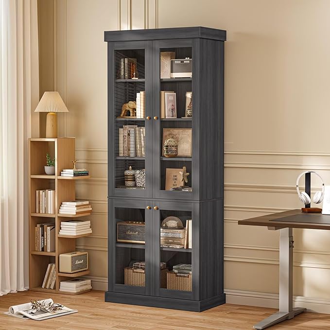 70.8" Tall Farmhouse Bookshelf with Glass Doors, Modular Bookcase with 6-Tier Adjustable Shelves, Large Storage Cabinet for Kitchen, Living Room, Black, Set of 2