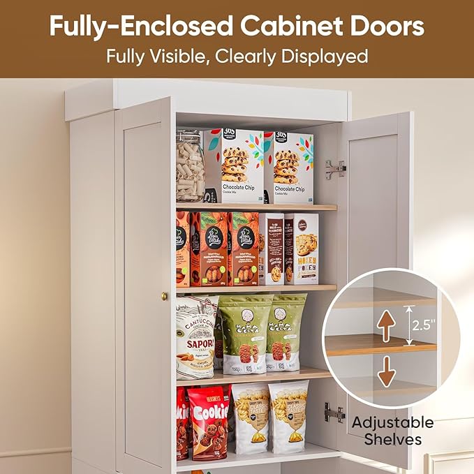 70.8" Tall Farmhouse Kitchen Pantry Cabinet with Glass Doors, Modular Wooden Storage Cabinet with 6-Tier Adjustable Shelves, Hutch for Kitchen or Living Room, White, Set of 2