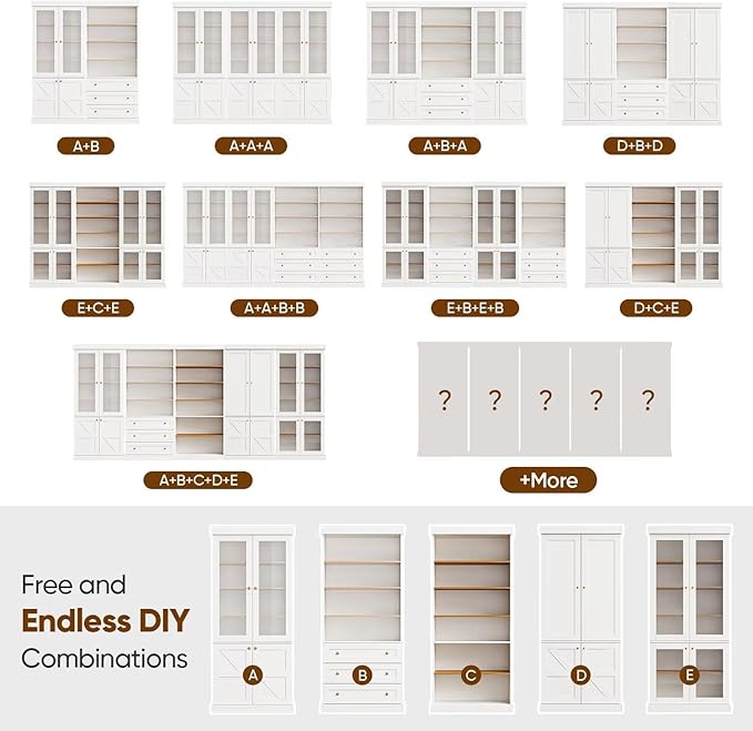 70.8" Tall Farmhouse Kitchen Pantry Cabinet with Doors, Modular Wooden Storage Hutch with 4-Tier Adjustable Shelves, White Buffet Cabinet for Kitchen or Living Room, Set of 3