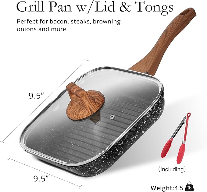 ESLITE LIFE 9.5 Inch Nonstick Grill Pan with Lid for Indoor Cooking, Versatile Induction Square Large Grilling Skillet Steak Pan for Stove Tops, PTFE & PFOA Free, Black