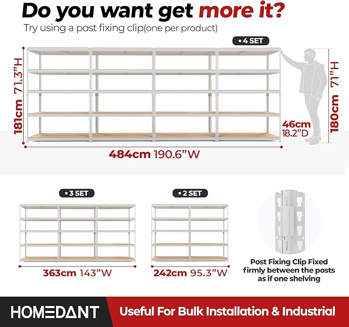 HOMEDANT White 5 Tier Laminated Boltless Heavy Duty Garage Storage Adjustable Wide Size Metal Shelving Unit Utility Rack Shelves Organization Shelf Shed Warehouse 47.7" W x 18.2" D x 71.3" H 3Pack
