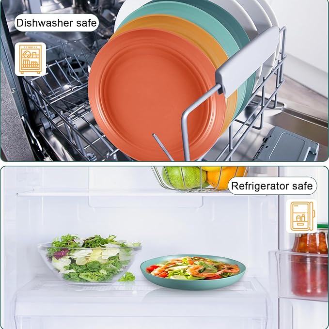 12 Pcs Unbreakable Deep Dinner Plates Set, 10 inch Reusable Plastic Wheat Straw Plates, Microwave and Dishwasher Safe Plate for Kitchen, Lightweight Plate for Dessert, BPA Free, 6 Colors