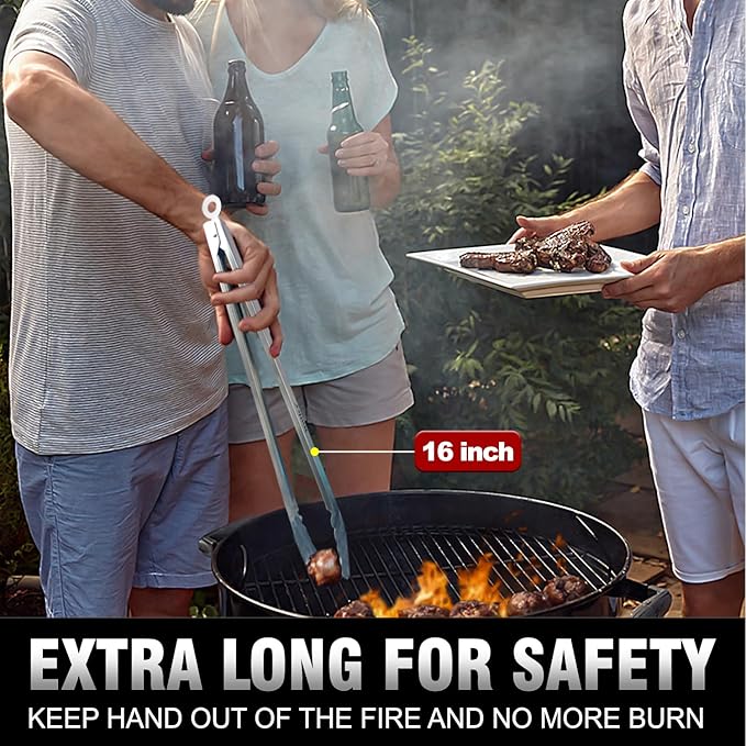 Tong for cooking, Walfos kitchen tongs set of 2 - Heat Resistant 600℉, Heavy Duty Locking Metal cooking Tongs, Stainless Steel BBQ Grilling,(All Metal 12in+16in)