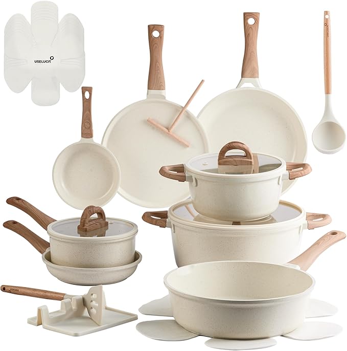 22 Pcs Pots and Pans Set Non Stick Non-Toxic Ceramic Kitchen Cookware Sets Nonstick Pot&Pan With Lid Cream White Granite Induction Compatible with Glass Lids Crepe