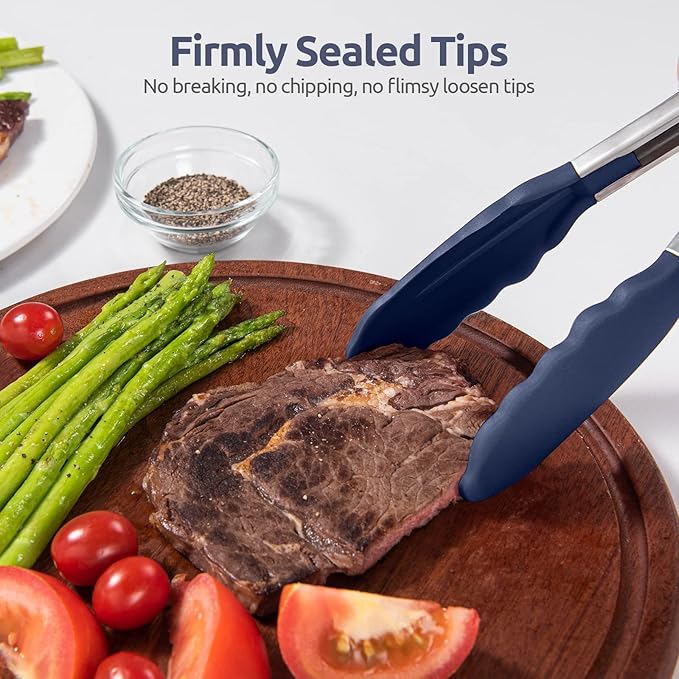 600ºF Heat Resistant Kitchen Tongs: U-Taste 9 in Silicone Cooking Tong with Firm Sealed Non Stick Rubber Tips & Silicon Coated 18/8 Stainless Steel Handle & Smooth Lock for Serving Grill-Midnight Blue