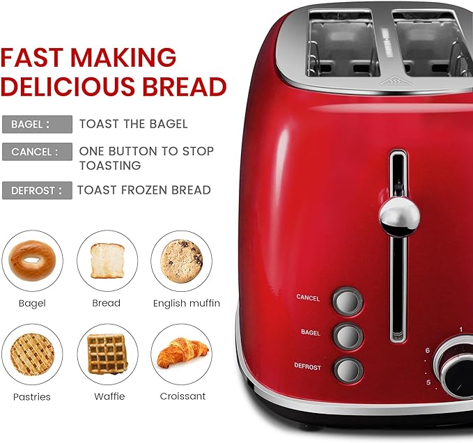 Roter Mond 2 Slice Toaster Retro Stainless Steel with Bagel, Cancel, and Defrost Functions, 6 Bread Shade Settings, Extra Wide Slots and Removable Crumb Tray, Red