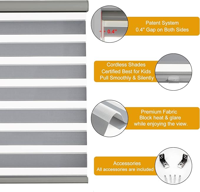Persilux Cordless Zebra Blinds for Windows Free-Stop Roller Window Shades (47" W X 64" H, Grey) Dual Layer Light Control for Day and Night, Light Filtering Sheer Shades for Home, Easy to Install