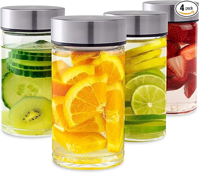 Juice Bottles - 4 Pack Wide Mouth Glass Bottles with Lids - for Juicing, Smoothies, Infused Water, Beverage Storage - 10oz, BPA Free, Stainless Steel Lids, Leakproof, Reusable, Borosilicate