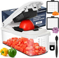 Ourokhome Chopper Vegetable Cutter with Container, Manual Hand Food Onion Dicer with 2 Chopping Blades for Potato Strips, Veggie Cubers, Carrot Sticks, Essential Kitchen Gadgets (2 in 1, White)
