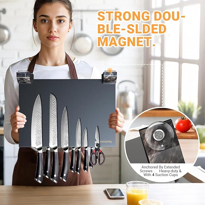 Magnetic Knife Block Without Knives, Black Stainless Steel Magnetic Knife Holder Stand with Strong Knife Magnet Double Side Knife Magnetic Strip Knife Storage Organizer for Kitchen Counter Top