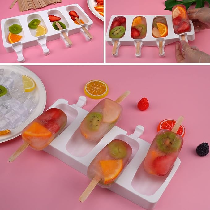 Sakolla 3 Pack Large Popsicle Molds 4 Cavities Cake Pop Silicone Molds Oval Ice Cream Cakesicle Molds for Homemade Ice Pop with 100 Wooden Sticks