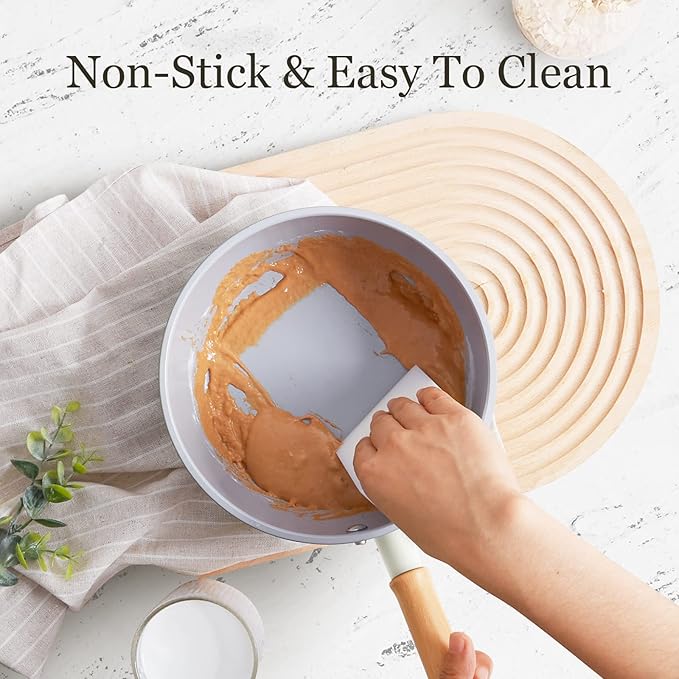ROCKURWOK Ceramic Nonstick Sauce Pan with Lid, 1.5 Qt Small Pots for Cooking, Small Pot Wooden Handle for Cool Touch, Non Toxic & Pfas-Free Saucepan, Universal Base(Gas, Electric & Induction), White