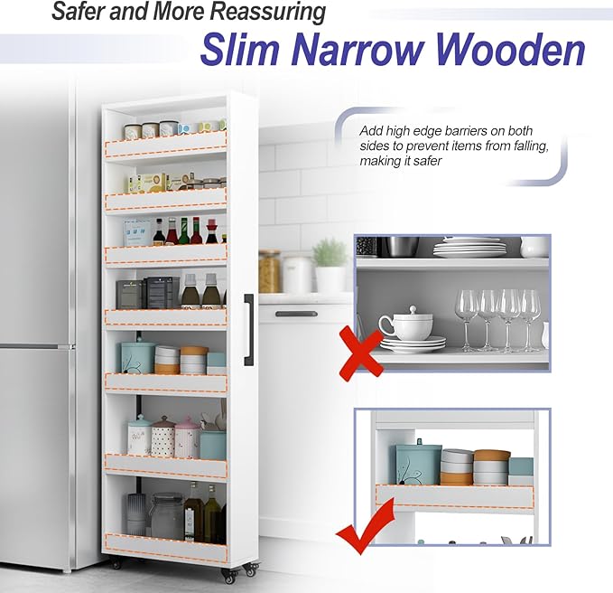 7-Tier Slim Storage Cart, Wooden Rolling Pantry Cabinet with Wheels, Narrow Shelf Organizer for Kitchen, Bakers Rack, Dining Room, Closet, Small Spaces Light Walnut 73.2" H*7.8" W*23.6" D