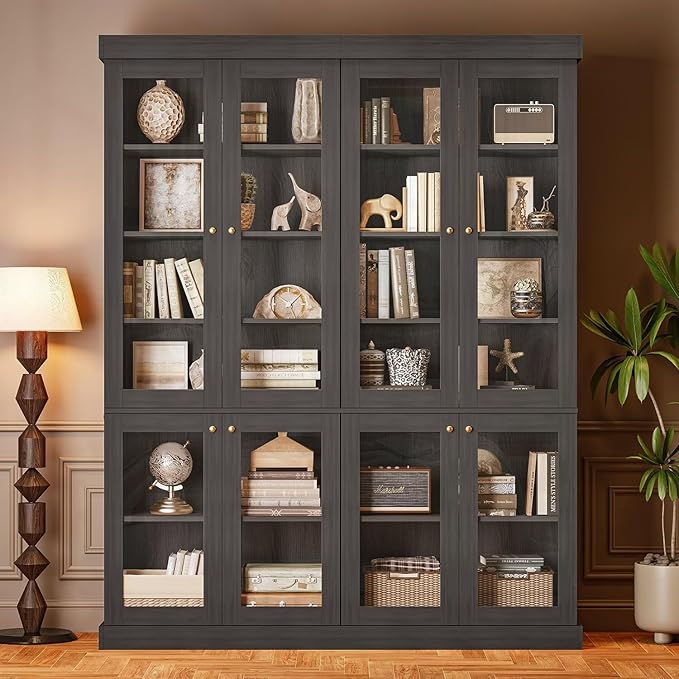 70.8" Bookshelf with Glass Doors, Farmhouse Modular Bookcase with 6-Tier Adjustable Shelves, Large Storage Cabinet for Living Room & Home Office, Set of 4, Black