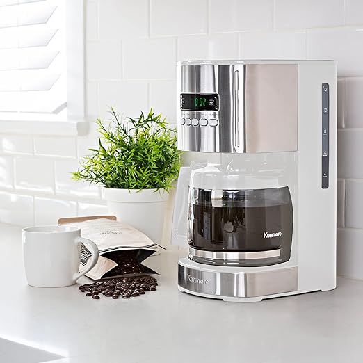 Kenmore Drip Coffee Maker - 12 Cup Programmable Cafe Machine With Glass Pot, Regular & Bold Brew, Auto Shut Off Large Water Reservoir, Reusable Filter, Kitchen Appliances For Cafeteria Barista, White