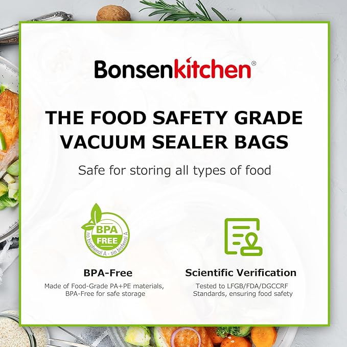 Bonsenkitchen Precut Vacuum Bags 100 Quart 8" x 12", BPA Free, Commercial Grade Textured Food Sealer Bag, Thick Embossed Bags for Storage and Sous Vide Cooking VB3205