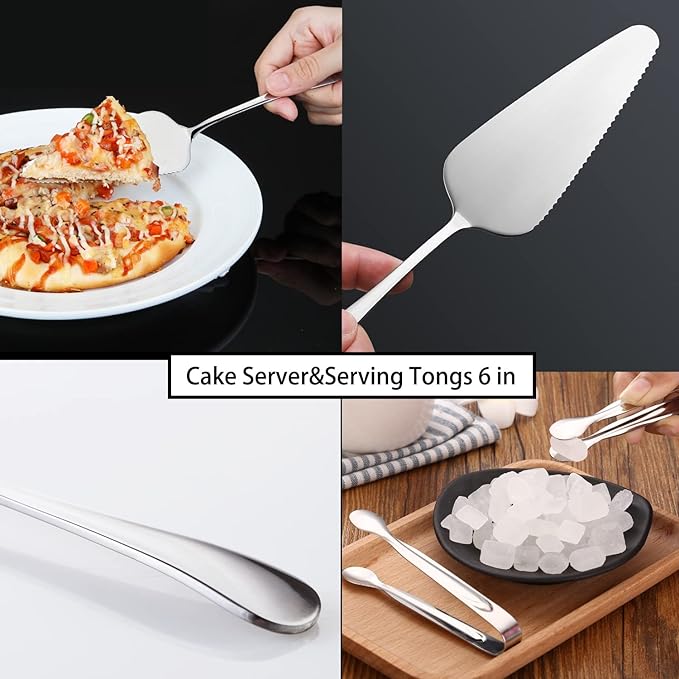 6 PCS Stainless Steel Serving Utensils, Large Serving Spoons Slotted Spoons, Forks, Ice Suger Tongs, Cake Server, Soup Ladle, Metal Utensils Set Great for Buffet Catering Banquet Party, Silver