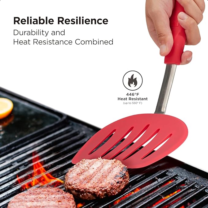 Kitchen Mama WaltzGrip Platinum Silicone Pancake Spatula Turner: Heat Resistant Flexible, Stainless Steel Core, Nonstick, Dishwasher Safe, Flipper – Ideal Kitchen Cookware for Eggs, Fish, Meat (Red)