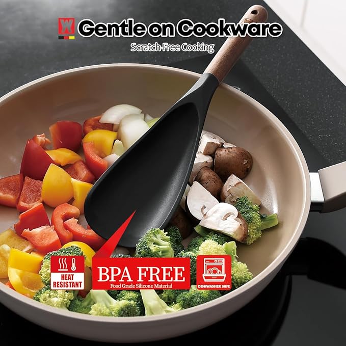 Silicone Long Head Cooking & Serving Spoon with Wooden Handles: Multi-Functional Design, Silicone Rounded Spatula for Mixing, Scoop, and Scrape, Great for Stir Frying