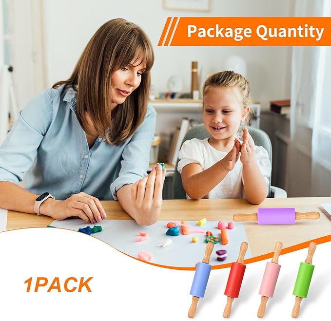 Mini Silicone Rolling Pin for Kids, Non-stick Surface Wood Handle, 9 Inch 1 Pack Orange