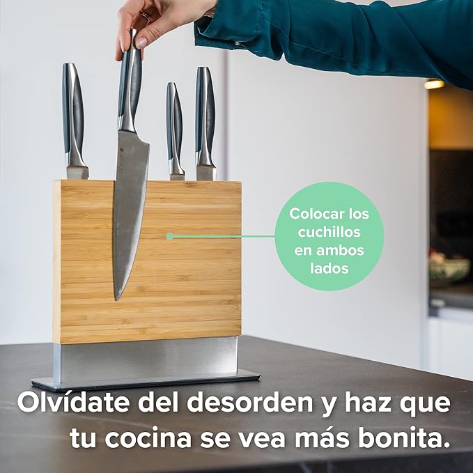 Coninx Magnetic Knife Holder with display stand, Double Sided Strong Magnetic Knife block for Kitchen counter top, Universal empty storage Organizer Block (Bamboo Wood)