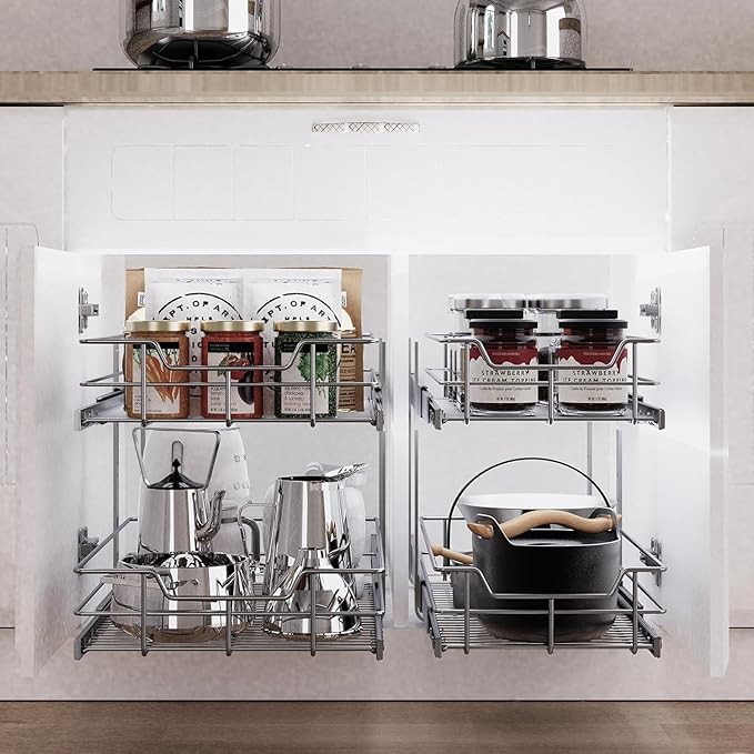 2 Tier Pull Out Cabinet Organizer 11" W X 17" D, Slide Out Drawers for Kitchen Cabinets, Pull Out Drawers for Cabinets Capacity Heavy Duty Caddy, Cabinet Pullout Shelves Chrome-Plated,Bathroom Pantry