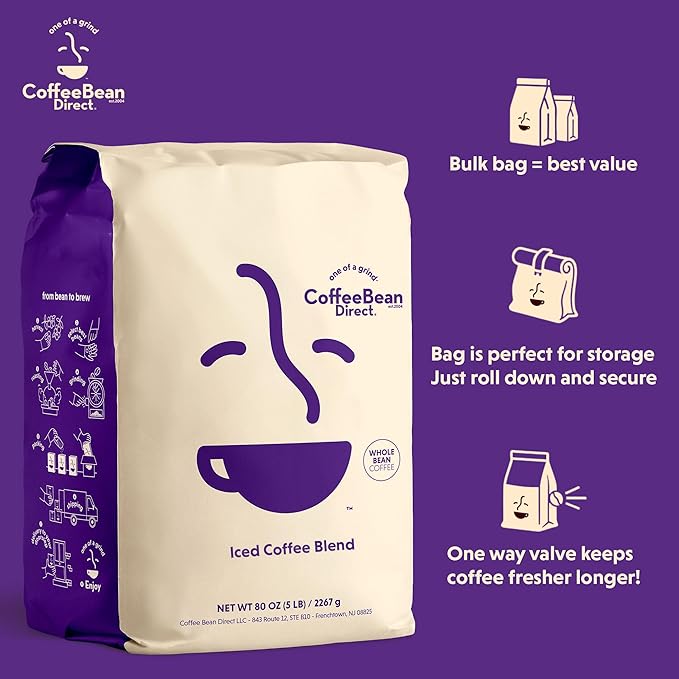 Coffee Bean Direct Iced Coffee Blend, Whole Bean Coffee, Mixed Roast Level, 5 Pound Bag (Pack of 1)