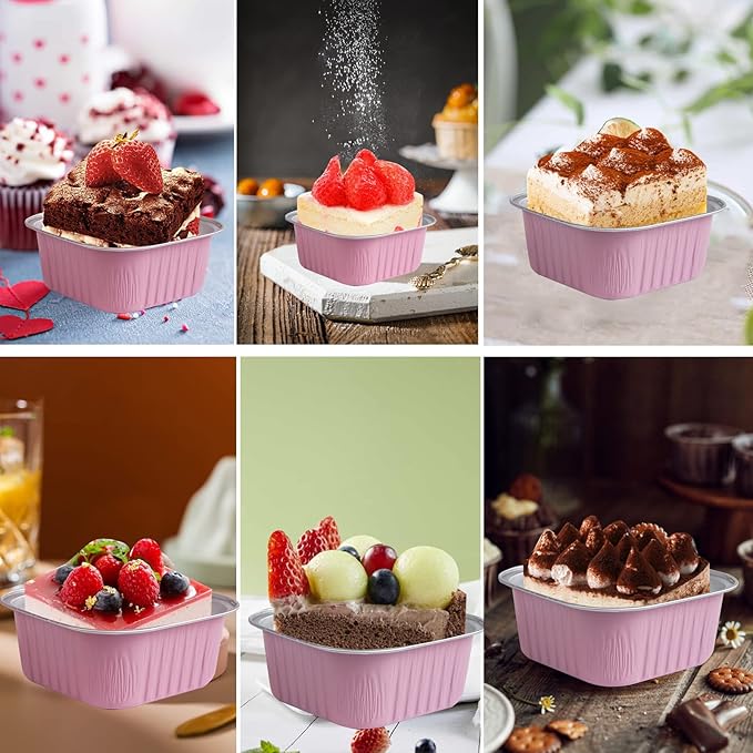 50 Pcs Mini Square Baking Cups with Lids,5oz Aluminum Foil Mini Cake Pans with Lids,Disposable Ramekins Cake Pans,150ml Dessert Cups Cupcake Pans for Wedding Birthday Party,Pink
