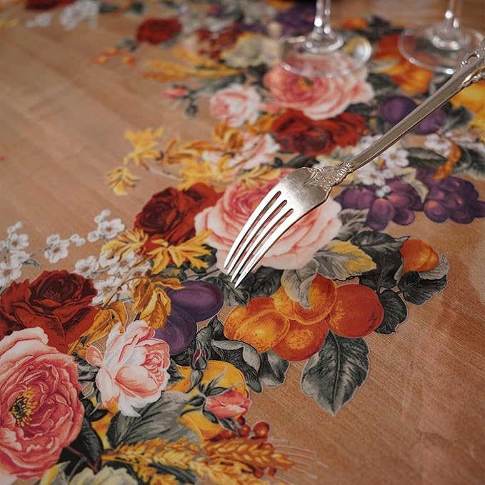 Clear Table Cover Protector Vinyl PVC Rectangle Table Cloth Oil Spill Proof Plastic Tablecloths for Dining Tables Parties Holidays (Floral Fruit, 60 x 84 Inches)