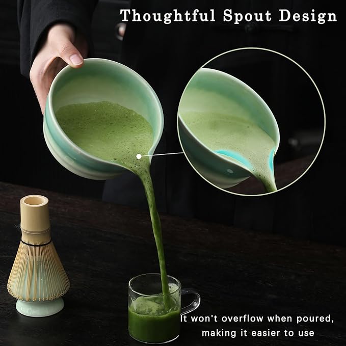 Japanese Matcha Set, Matcha Bowl with Spout, Matcha Whisk and Holder, Bamboo Matcha Scoop and Stainless Steel Sifter - 5 Pcs Gradient Green Matcha Kit for Matcha Lover