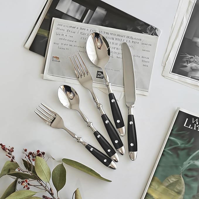 Silverware Set For 8 with Two Rivets, Vintage 40-Piece Everyday Flatware Set with Black Bakelite Handle, Stainless Steel Cutlery Set, Dishwasher Safe, Knives Spoons and Forks Set