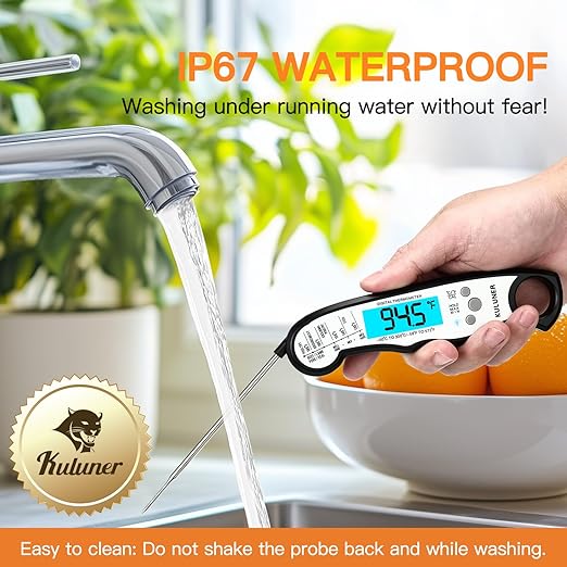 KULUNER TP-01 Waterproof Digital Instant Read Meat Thermometer with 4.6 Folding Probe Backlight Calibration Function for Cooking Food Candy, BBQ Grill, Liquids,Beef(White)