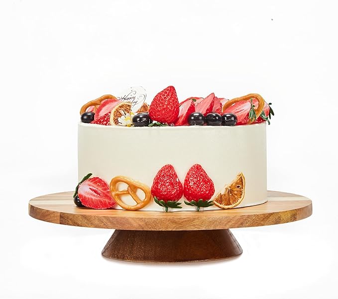 12" Acacia Wood Revolving Cake Stand, Rotating Cake Turntable with 2 Plastic Icing Spatulas, 3 Plastic Smoothers, Wooden Rotating Display Stand for Cake, Cupcake Decorating Supplies
