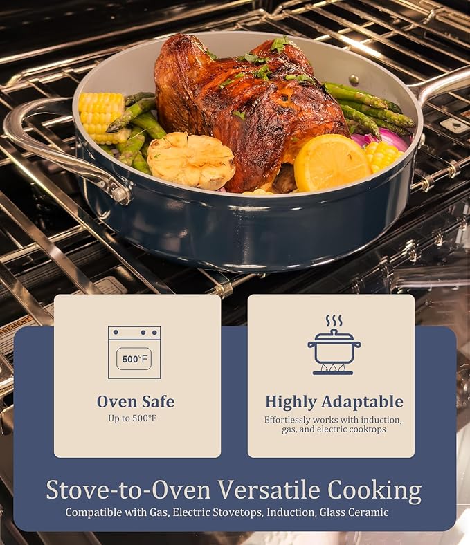 Nonstick Ceramic Sauté Pan with Lid (4.5 qt, 11") Deep Frying Pan for All Cooktops, Non Toxic Skillet PTFE/PFAS Free, Oven Safe up to 500°F w/ Stainless Steel Stay-Cool Handle, Caribbean Blue
