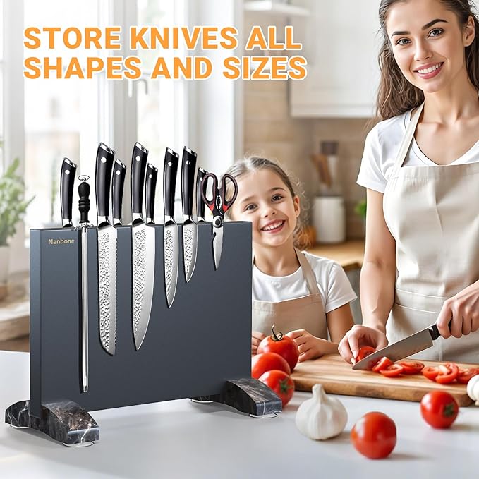 Magnetic Knife Block Without Knives, Black Stainless Steel Magnetic Knife Holder Stand with Strong Knife Magnet Double Side Knife Magnetic Strip Knife Storage Organizer for Kitchen Counter Top