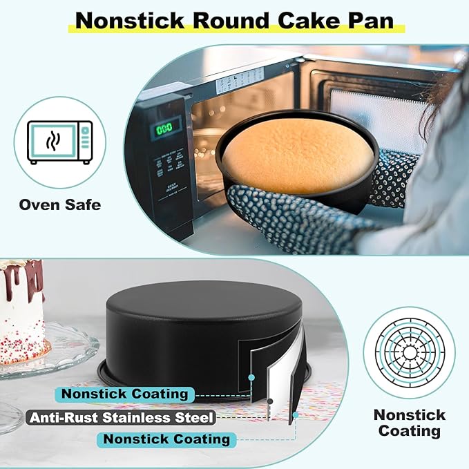 LIANYU Round Cake Pans Set of 2, 6 Inch Round Layer Cake Tins for Baking, Nonstick Stainless Steel Round Baking Pan, Bakeware for Oven & Dishwasher, Non Toxic & Heavy Duty, Black